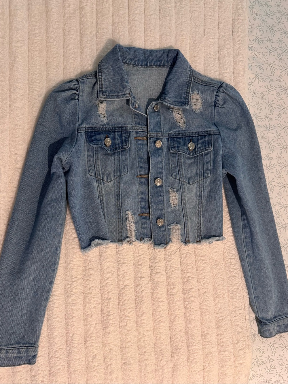 Women's Light Blue Cropped Distressed Denim Jacket